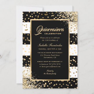 Elegant Modern Black Gold Confetti Quinceañera Einladung