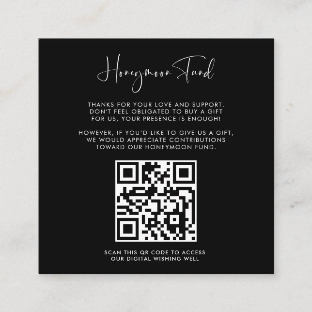 Elegant & Modern Black Honeymoon-Fonds QR-Code Begleitkarte (Vorderseite)