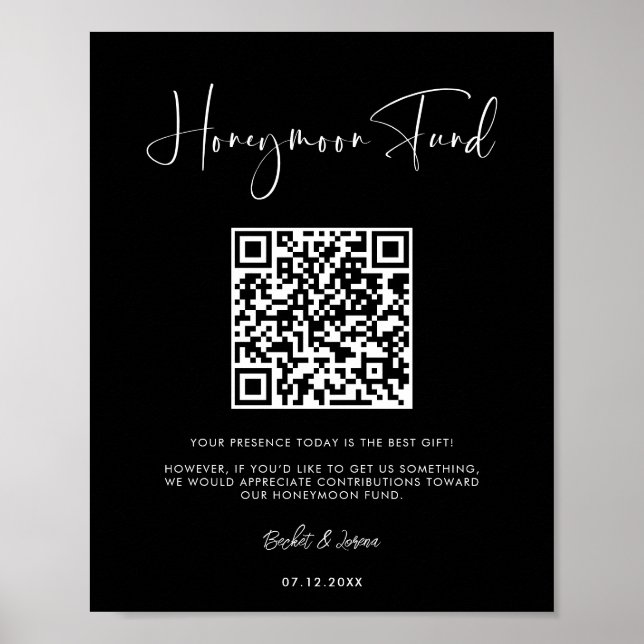 Elegant & Modern Black Honeymoon-Fonds QR-Code Poster (Vorne)