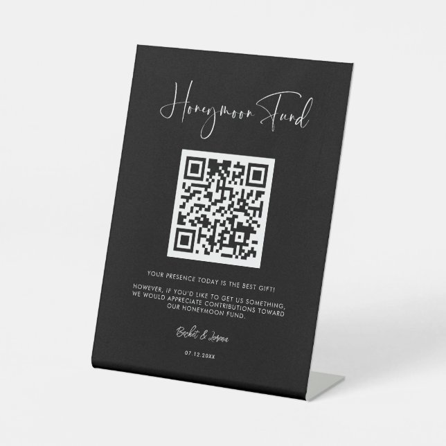 Elegant & Modern Black Honeymoon-Fonds QR-Code Sockelschild (Vorderseite)