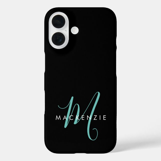 Elegant Modern Black Teal Script Monogram Case-Mate iPhone Hülle (Rückseite)