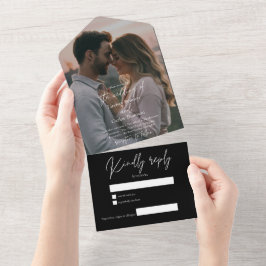 Elegant modern black wedding photo with RSVP All In One Einladung