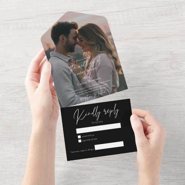 Elegant modern black wedding photo with RSVP All In One Einladung (Abreißen)