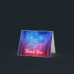 Elegant Modern Blue Star von David Bat Bar Mitzvah Dankeskarte<br><div class="desc">Wir danken all Ihren besonderen Gästen, indem wir ihnen personalisierte und elegante Bar mitzvah Dankeschön-Karten nach dem Feiern senden... Das Design auf diesen modernen Bar mitzvah Dankeschön-Karten haben einen weißen Stern von David auf einem atemberaubenden Hintergrund von blauen und roten Wasserfarben Flammen, die miteinander verschmelzen, und funktioniert hervorragend für Mädchen...</div>