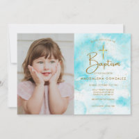 Elegant Modern Blue Watercolor Gold Cross Taufe