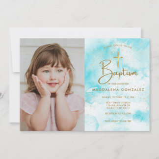 Elegant Modern Blue Watercolor Gold Cross Taufe Einladung
