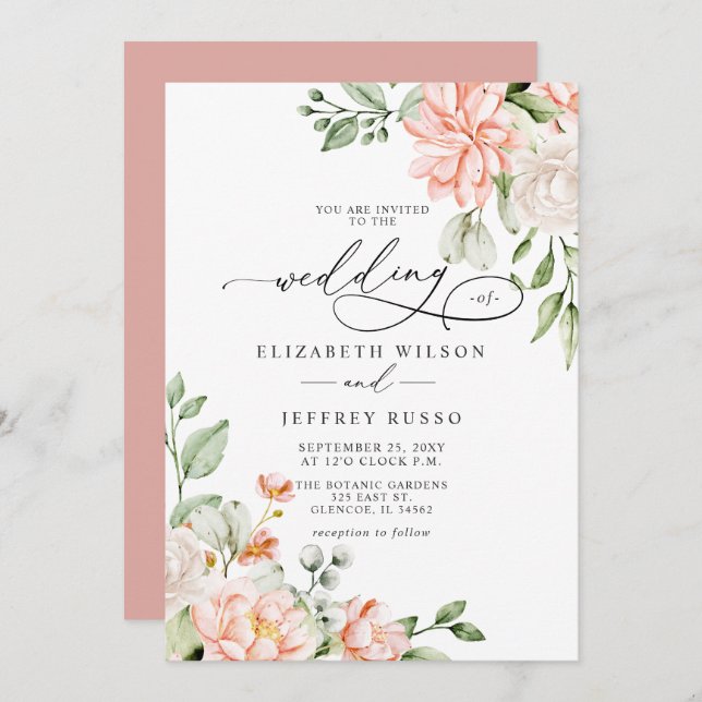 Elegant Modern Blush White Floral Wedding Einladung (Vorne/Hinten)