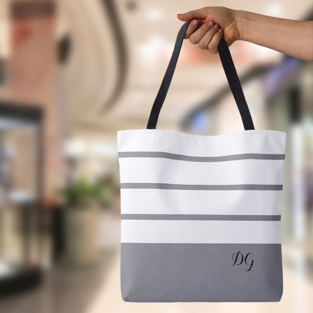 Elegant Modern Bold Stripes Monogram Initials Gray (Elegant Modern Bold Stripes  Monogrammed Gray Black & White Canvas Shopping Shoulder Tote Bag
)