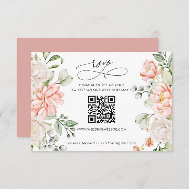 Elegant Modern Botanical Blush Floral QR CODE RSVP Karte (Vorne/Hinten)