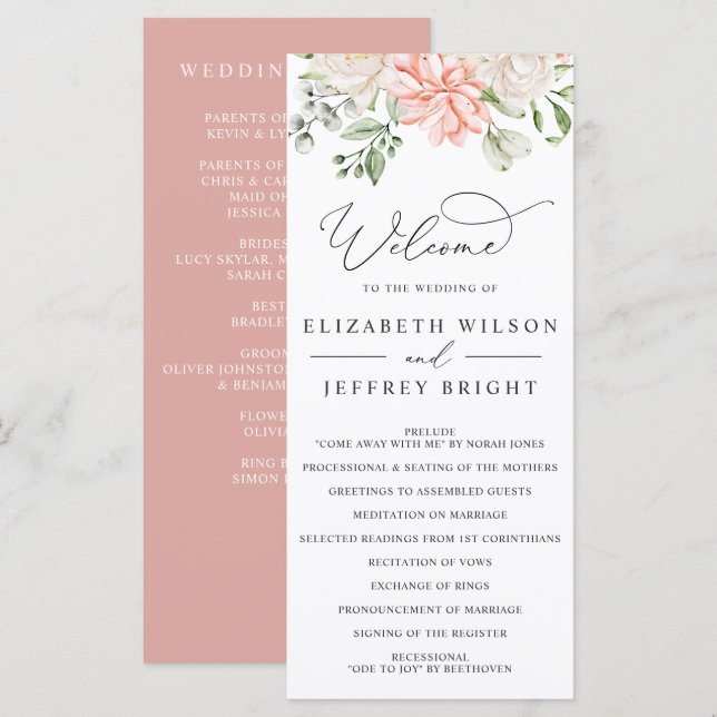 Elegant Modern Botanical Blush Pink Floral Wedding Programm (Vorne/Hinten)
