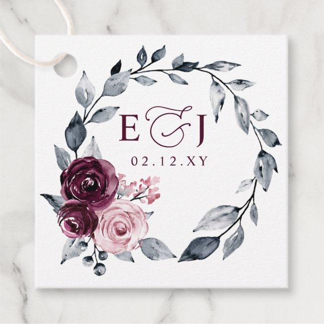 Elegant Modern Botanical Burgundy Floral Wedding Geschenkanhänger (Vorderseite)