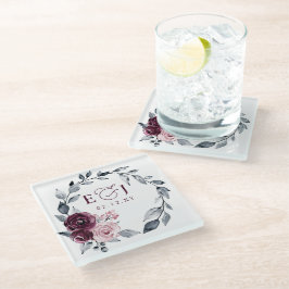 Elegant Modern Botanical Burgundy Floral Wedding Glasuntersetzer