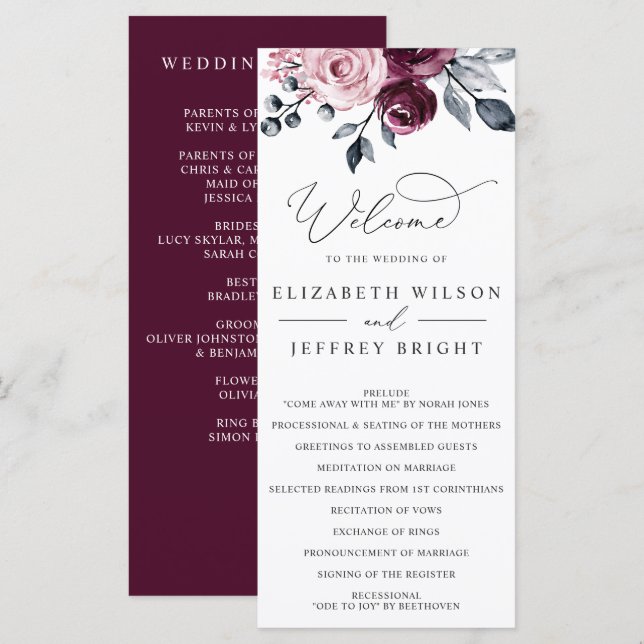 Elegant Modern Botanical Burgundy Floral Wedding Programm (Vorne/Hinten)