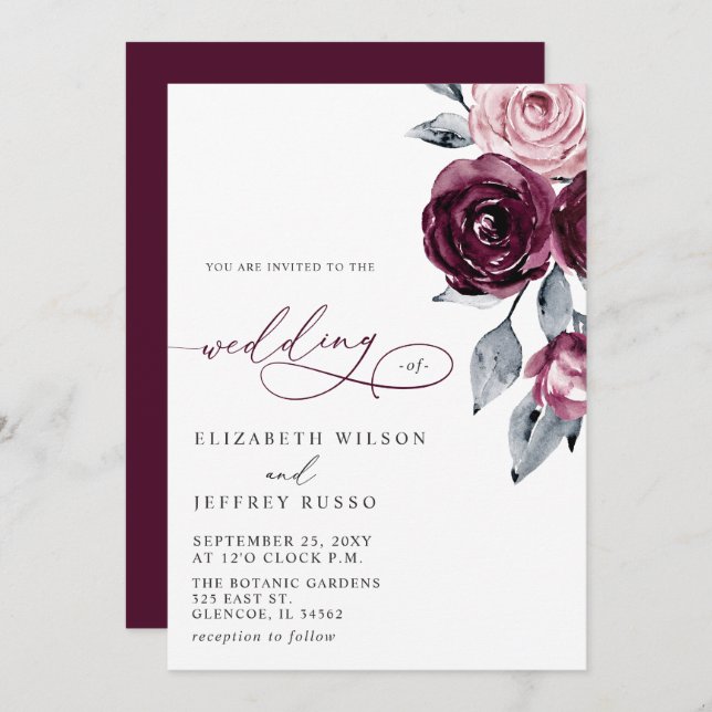 Elegant Modern Burgundy Floral Wedding Einladung (Vorne/Hinten)