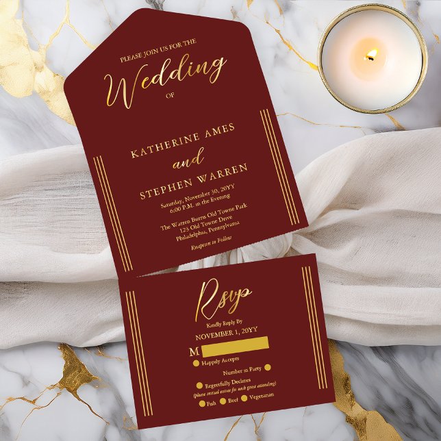 Elegant Modern Burgundy Minimalist Wedding All-in-One-Einladung (Elegant Modern Burgundy Minimalist Wedding All in One Gold Foil (inside--See Description) Invitation)