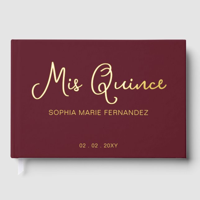 Elegant Modern Burgundy Quinceañera Gästebuch (Vorderseite)