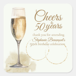 Elegant Modern Champagne Cheers 50th Birthday Quadratischer Aufkleber