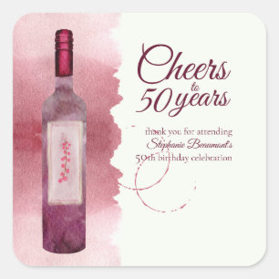 Elegant Modern Cheers Red Wine 50. Geburtstagspart Quadratischer Aufkleber
