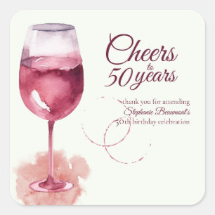 Elegant Modern Cheers Red Wine 50. Geburtstagspart Quadratischer Aufkleber