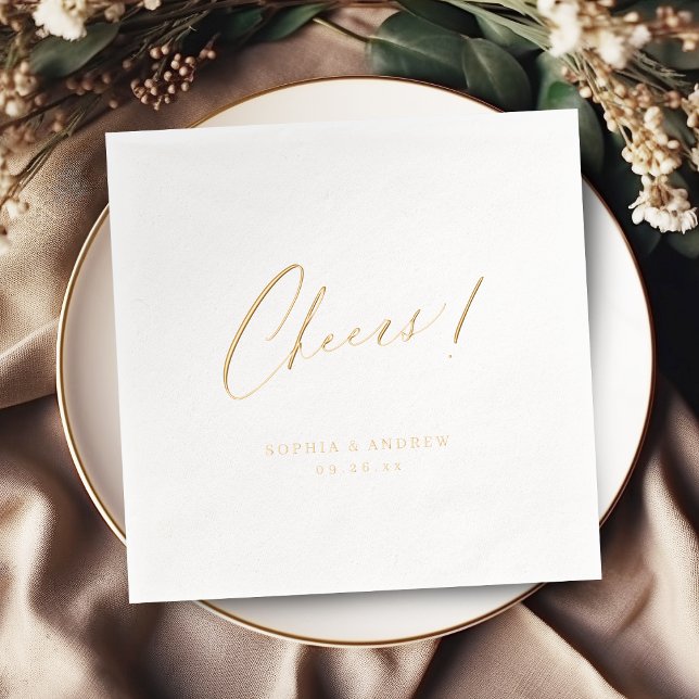 Elegant modern cheers script minimalist wedding servietten mit folie (Elegant modern cheers script minimalist wedding foil napkins)