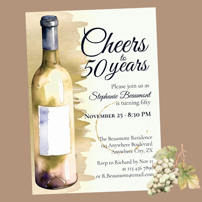 Elegant Modern Cheers White Wine 50. Geburtstag Einladung (Von Creator hochgeladen)