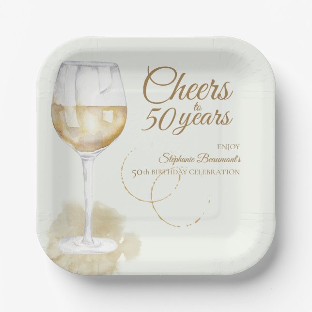 Elegant Modern Cheers White Wine 50. Geburtstag Pappteller (Vorderseite)