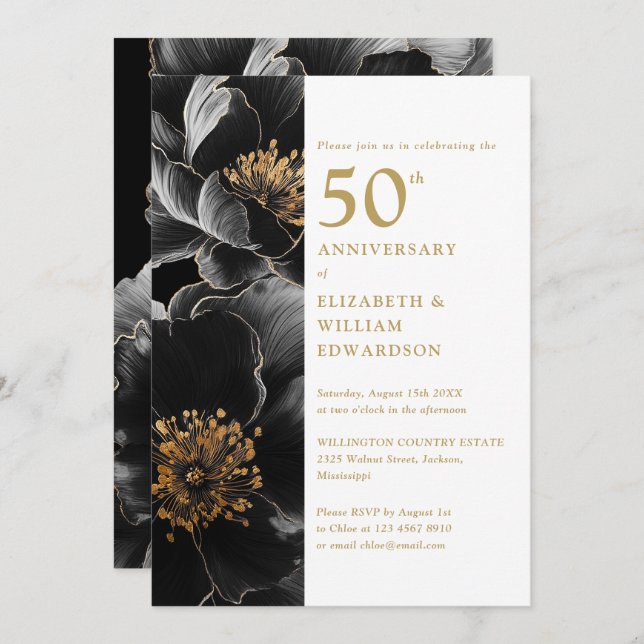 Elegant Modern Chic Floral 50 Jahre alt Einladung (Vorne/Hinten)