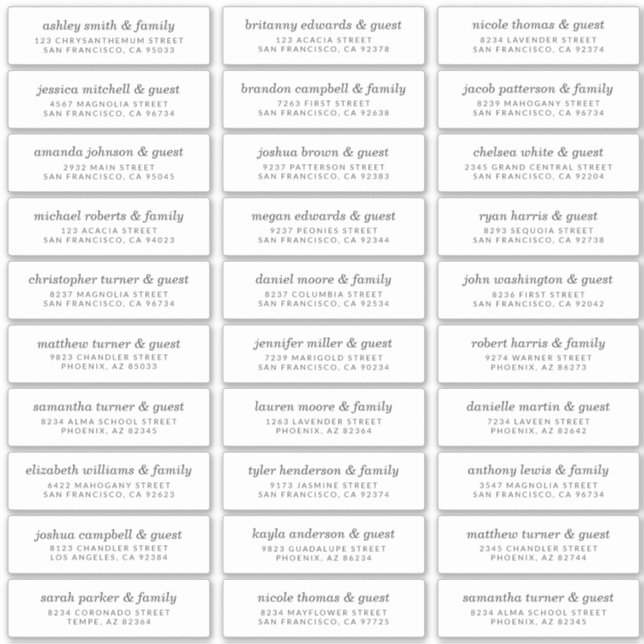 Elegant Modern Chic Wedding Guest Names Adresse Aufkleber (Vorderseite)