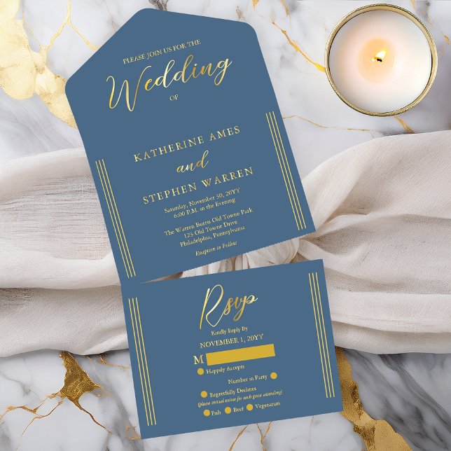 Elegant Modern Coastal Blue Minimalist Wedding All-in-One-Einladung (Elegant Modern Coastal Blue Minimalist Wedding AllinOne Gold Foil (inside See Descript.) Invitation)