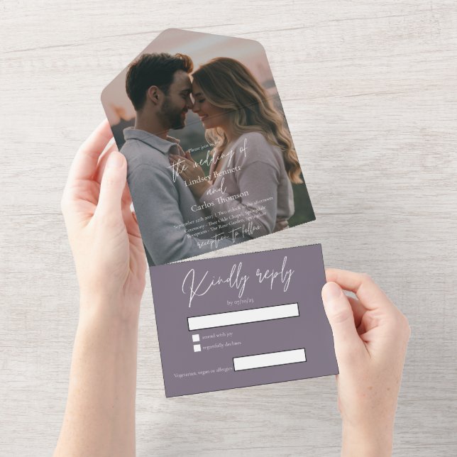 Elegant modern dark purple wedding photo with RSVP All In One Einladung (Abreißen)
