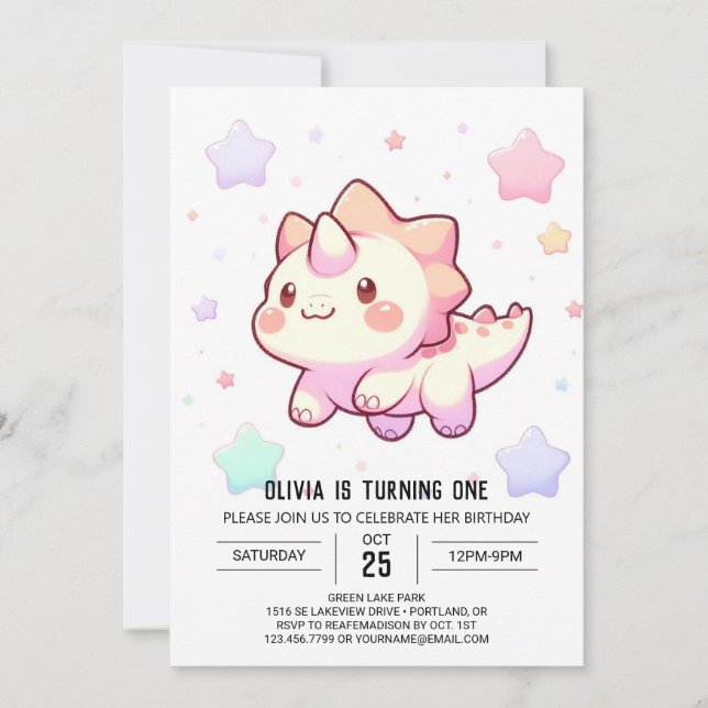 Elegant Modern Dinosaurier 1. Geburtstag Einladung (Vorderseite)