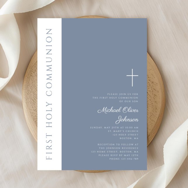 Elegant Modern Dusty Blue Cross Erste Kommune Einladung (Elegant Modern Dusty Blue Cross First Communion Invitation)
