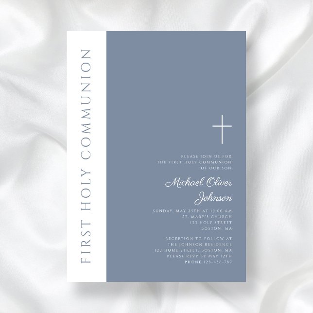 Elegant Modern Dusty Blue Cross Erste Kommune Einladung (Elegant Modern Dusty Blue Cross First Communion Invitation)