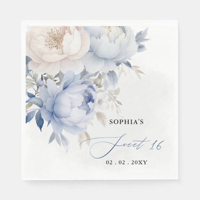 Elegant Modern Dusty Blue Floral Sweet 16 Serviette (Vorderseite)