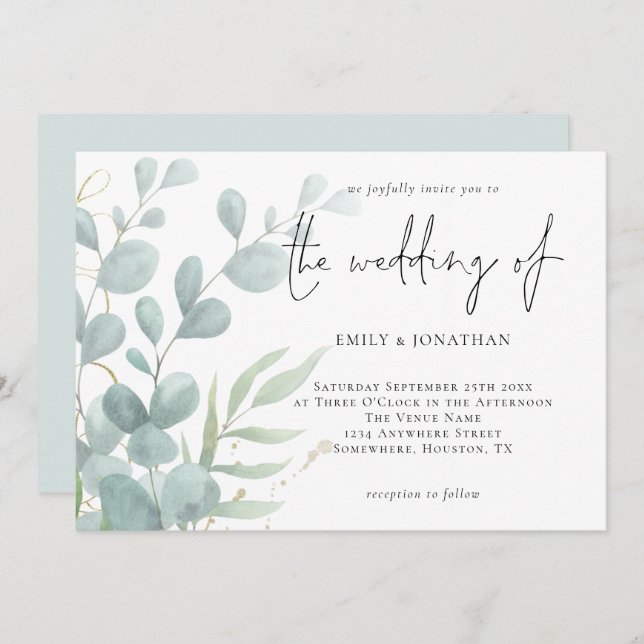 Elegant Modern Eucalyptus Powder Blue Wedding Invi Einladung (Vorne/Hinten)