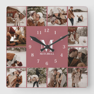Elegant Modern Family 12 Foto Collage Monogram Quadratische Wanduhr