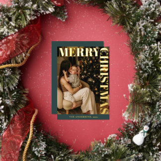Elegant Modern Family Photo Green Merry Christmas Folien Feiertagskarte