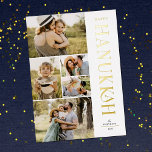 Elegant Modern Five Foto Collage Hanukkah<br><div class="desc">Senden Sie stilvolle Hanukkah Grüße mit diesen schönen 5 Foto Collage Karten! Sie verfügen über fünf Fotovorlagen auf den links Karten, mit eleganter, moderner Typografie auf der rechten Seite, die "Happy Hanukkah" in Echtfolie lesen (in Gold, Rose, Gold und Silber erhältlich). Die Rückseite der Karte enthält einfache diagonale Streifen in...</div>