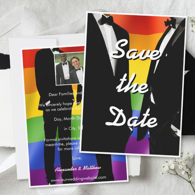 Elegant Modern Gay Men Wedding Photo Rainbow Save The Date (Von Creator hochgeladen)