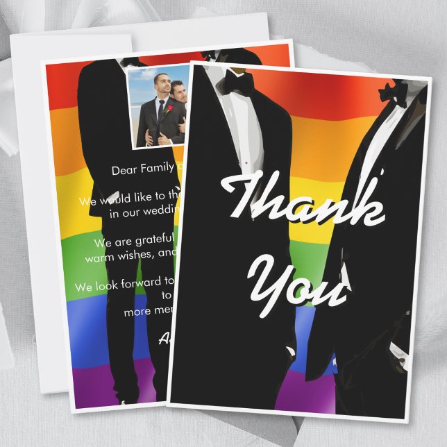 Elegant Modern Gay Men Wedding Rainbow Photo Dankeskarte (Von Creator hochgeladen)