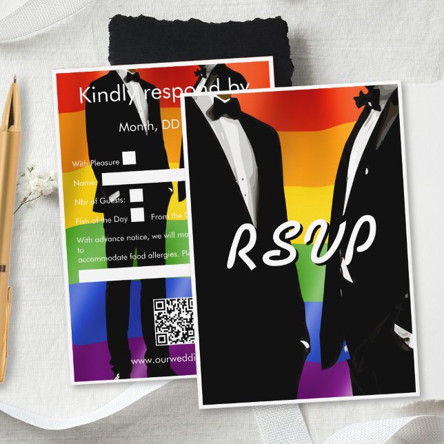 Elegant Modern Gay Men Wedding Rainbow QR Code RSVP Karte (Von Creator hochgeladen)