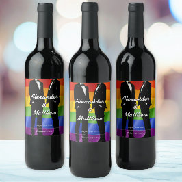 Elegant Modern Gay Men Wedding Rainbow Weinetikett