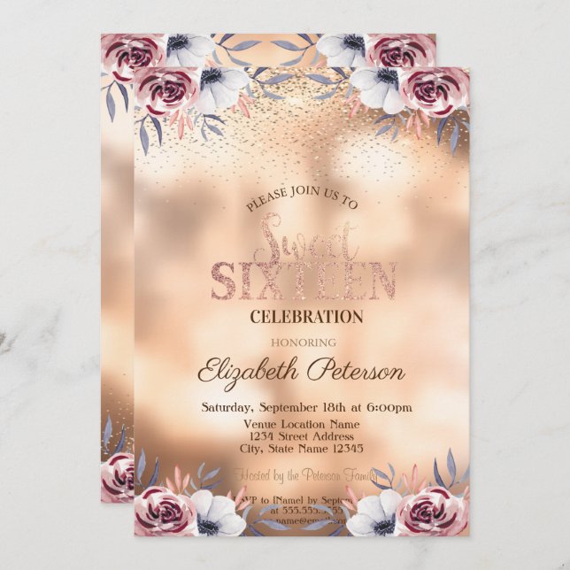 Elegant Modern Gold Confetti, Rose Sweet 16 Einladung (Vorne/Hinten)