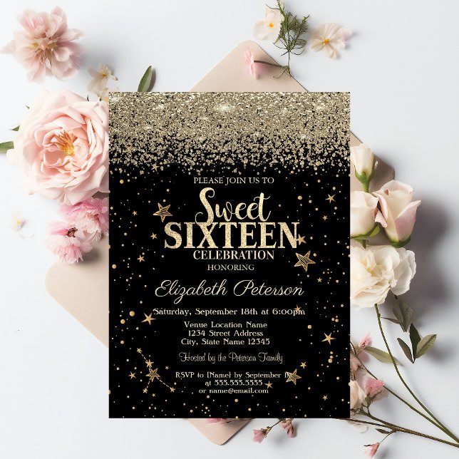 Elegant Modern Gold Diamonds Stars Black Sweet 16 Einladung (Von Creator hochgeladen)
