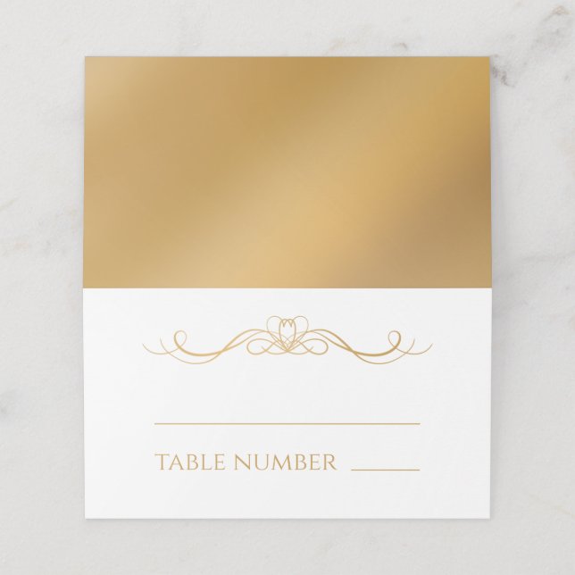 Elegant Modern Gold Gradient Wedding Name & Table Platzkarte (Außenseite Aufgefaltet)