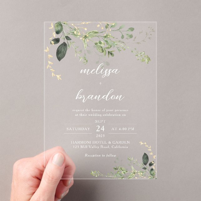Elegant Modern Gold Greenery Eukalyptus Wedding Acryleinladungen (Insitu (Handheld))