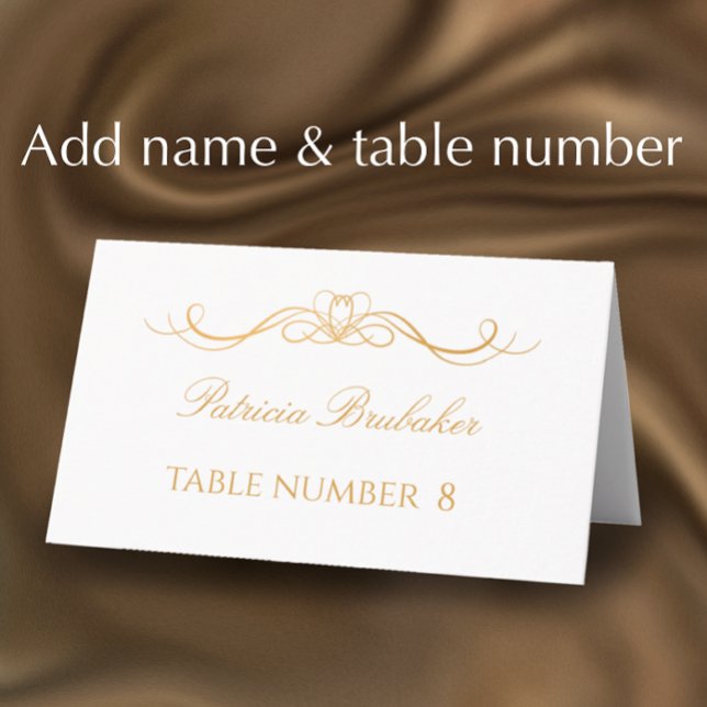 Elegant Modern Gold & White Wedding Name & Table Platzkarte (Customize this elegant simple white and gold place card with the a name and table number.
)