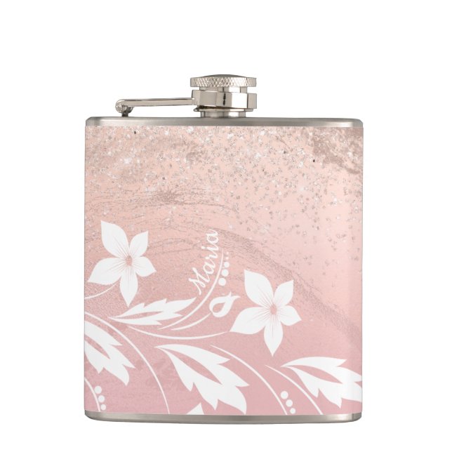 Elegant modern gradient rose gold glitter floral flachmann (Vorderseite)