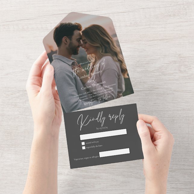 Elegant modern gray wedding photo with RSVP All In One Einladung (Abreißen)