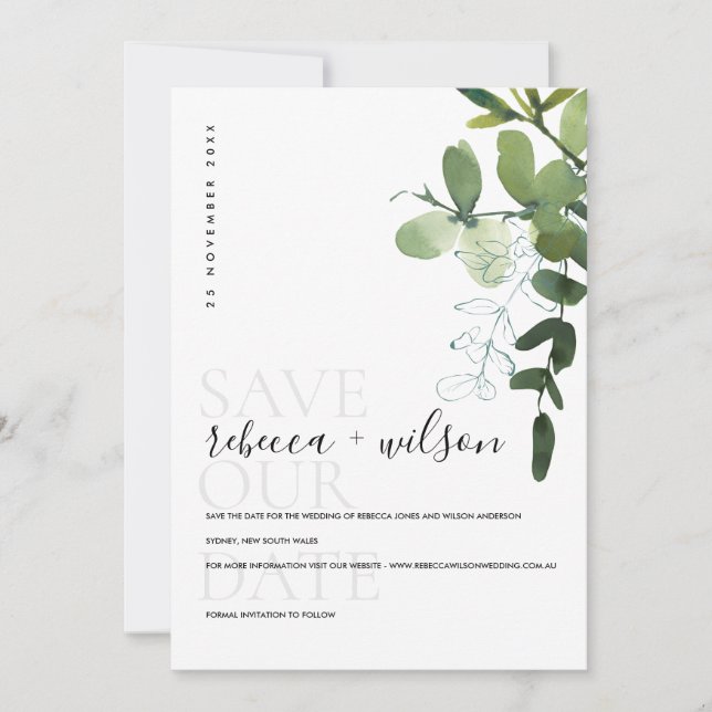 ELEGANT MODERN GREEN EUCALYPTUS FOLIAGE WATERCOLOR SAVE THE DATE (Vorderseite)